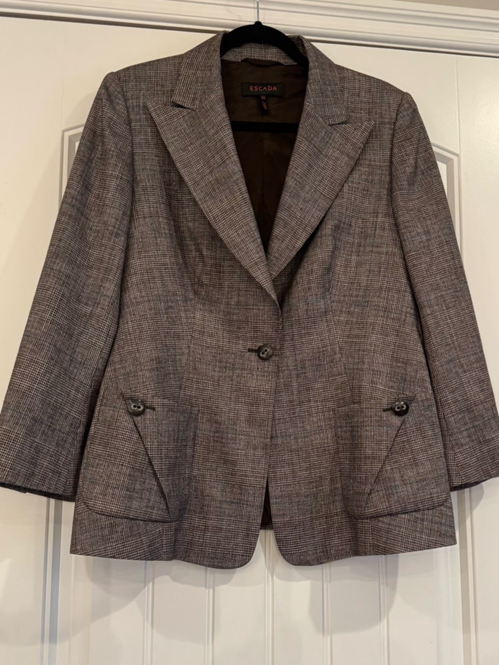 Escada Women's Chocolate Brown and  Blue Gray Plaid Blazer Size 44